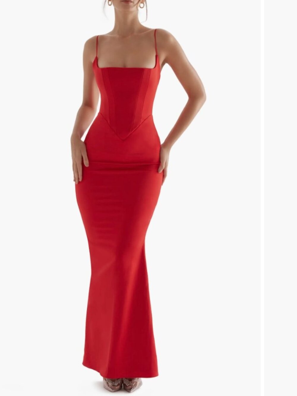 House CB Olivette Red Satin Corset Maxi Gown